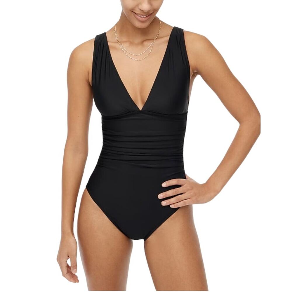 J.CREW FACTORY Women V-neck Ruched One-Piece Swimsuit Sz S NWT Black